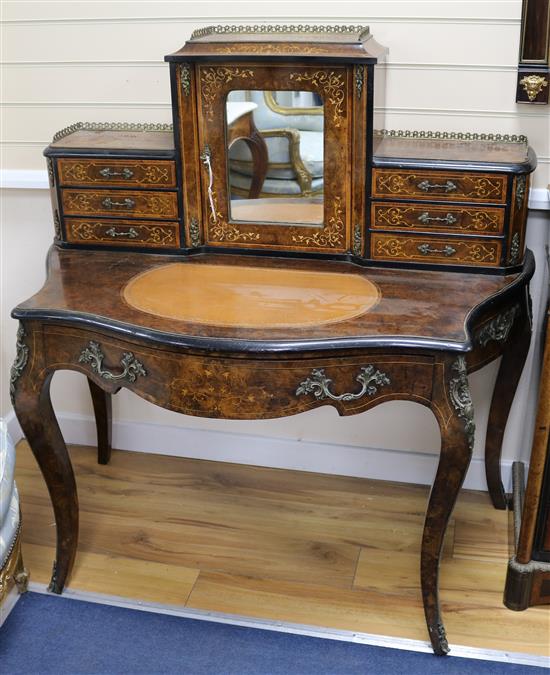 A Victorian marquetry inlaid burr walnut bonheur du jour, W.157cm